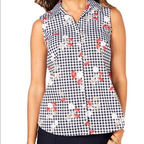Charter Club Floral Check print button down top 12 - Picture 1 of 5